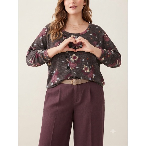 Maurices Tops - Maurices Floral Knit Top Womens 2X Plus Gray Burgundy Feminine Boho Long Sleeve